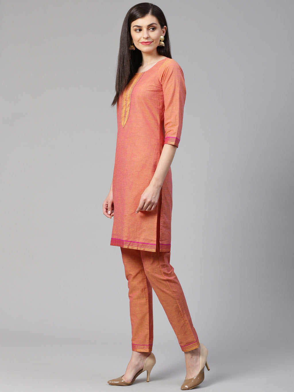 Jompers Women Pink Yoke Design Kurta with Trousers | Grocsy