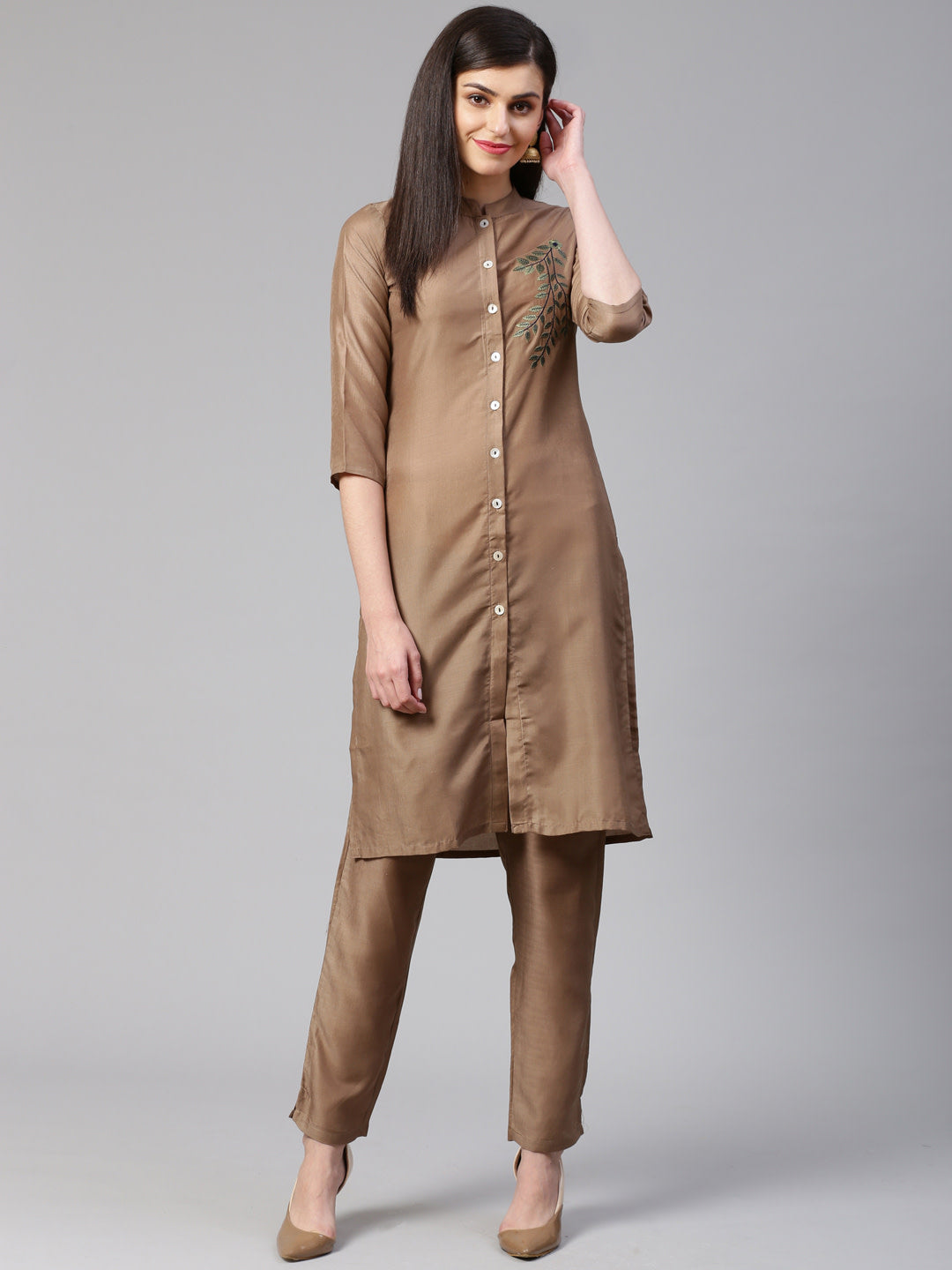 Jompers Women Brown Embroidered Solid Kurta with Trousers | Grocsy