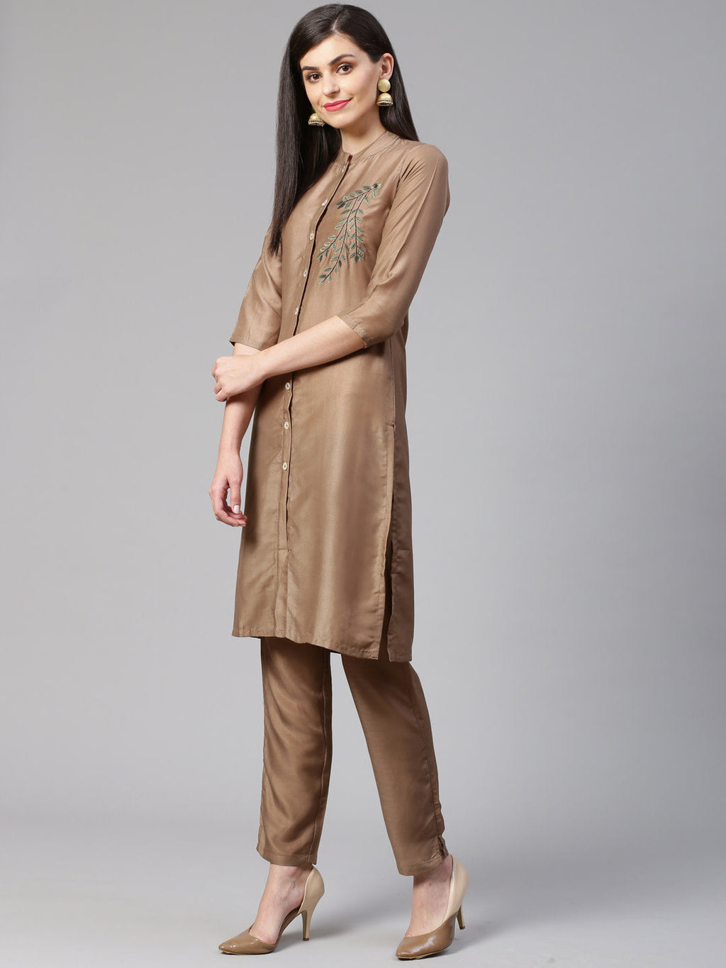 Jompers Women Brown Embroidered Solid Kurta with Trousers | Grocsy