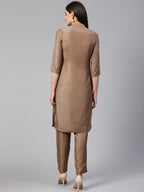 Jompers Women Brown Embroidered Solid Kurta with Trousers | Grocsy