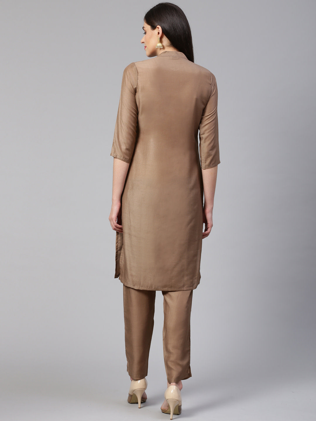 Jompers Women Brown Embroidered Solid Kurta with Trousers | Grocsy