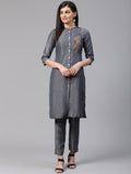 Jompers Women Grey Embroidered Solid Kurta with Trousers | Grocsy