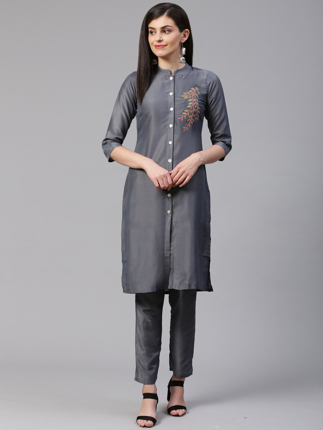 Jompers Women Grey Embroidered Solid Kurta with Trousers | Grocsy