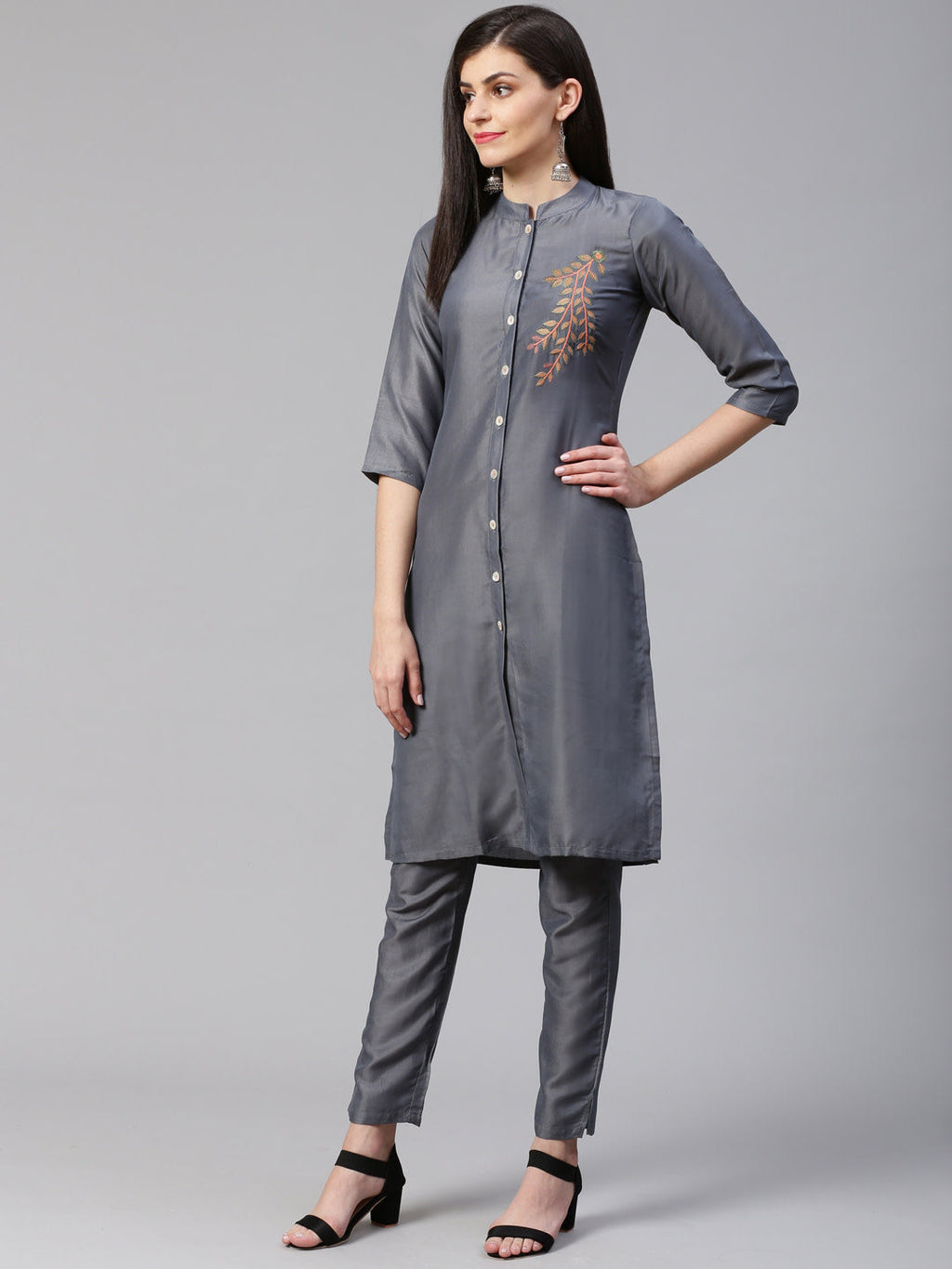 Jompers Women Grey Embroidered Solid Kurta with Trousers | Grocsy