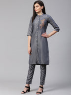 Jompers Women Grey Embroidered Solid Kurta with Trousers | Grocsy