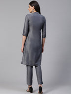 Jompers Women Grey Embroidered Solid Kurta with Trousers | Grocsy
