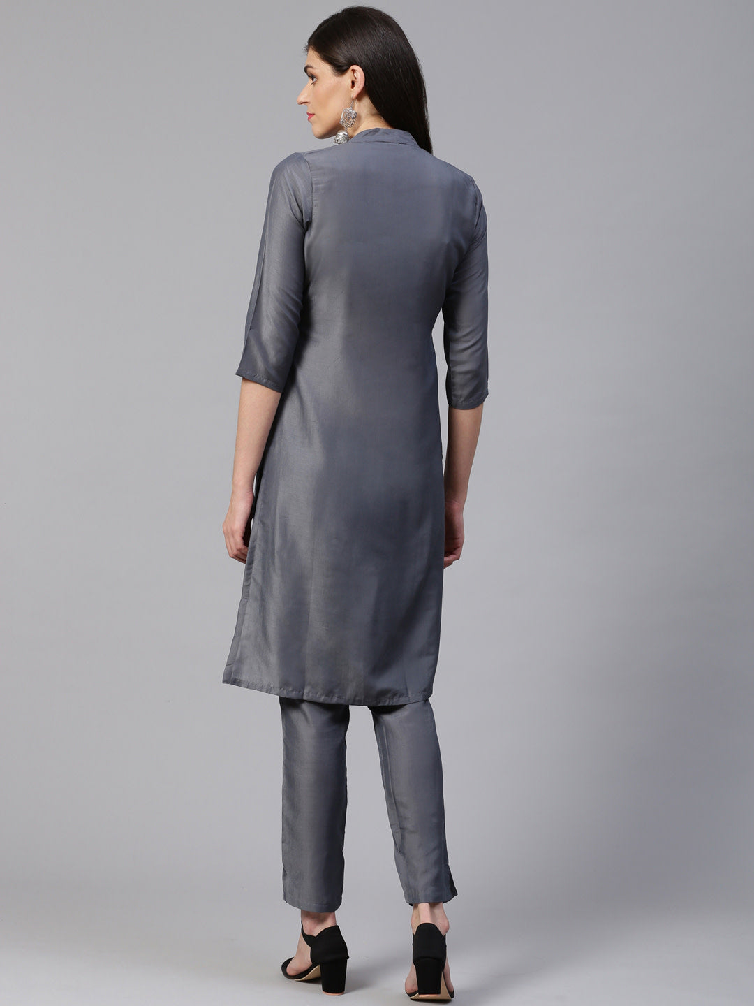 Jompers Women Grey Embroidered Solid Kurta with Trousers | Grocsy