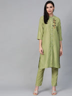 Jompers Women's Green Embroidered Detail Kurta with Trousers | Grocsy