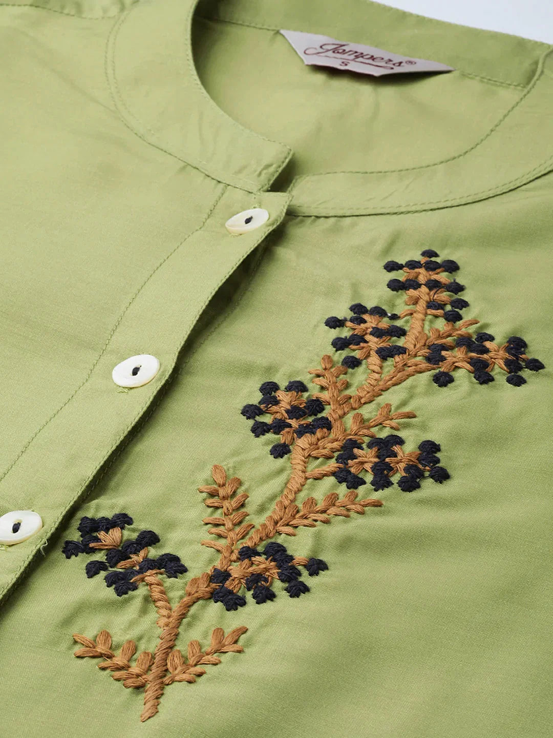 Jompers Women's Green Embroidered Detail Kurta with Trousers | Grocsy