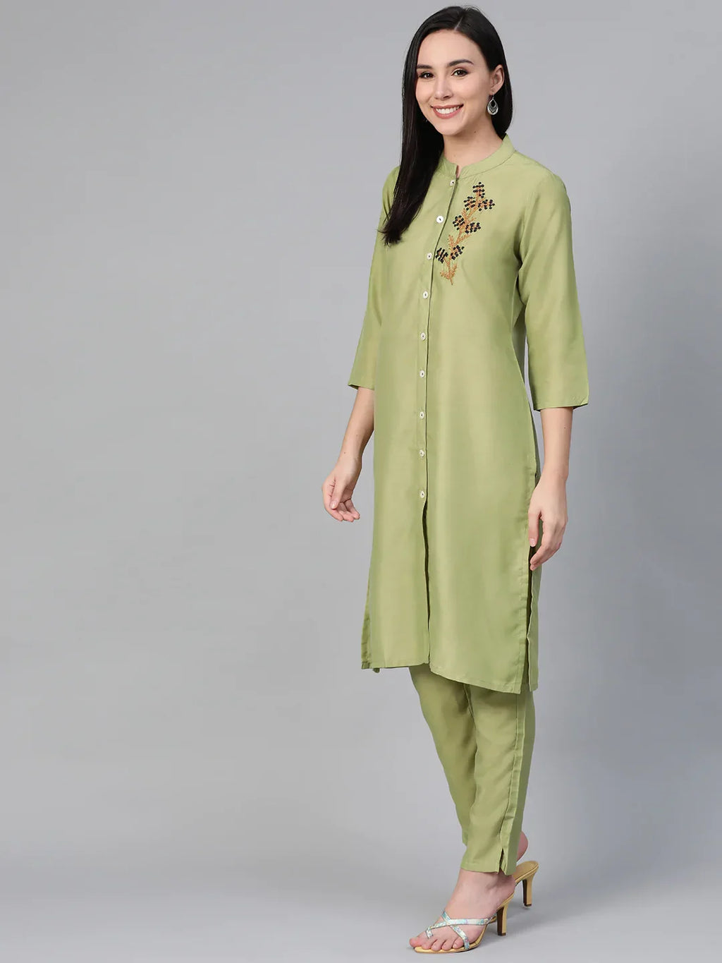 Jompers Women's Green Embroidered Detail Kurta with Trousers | Grocsy