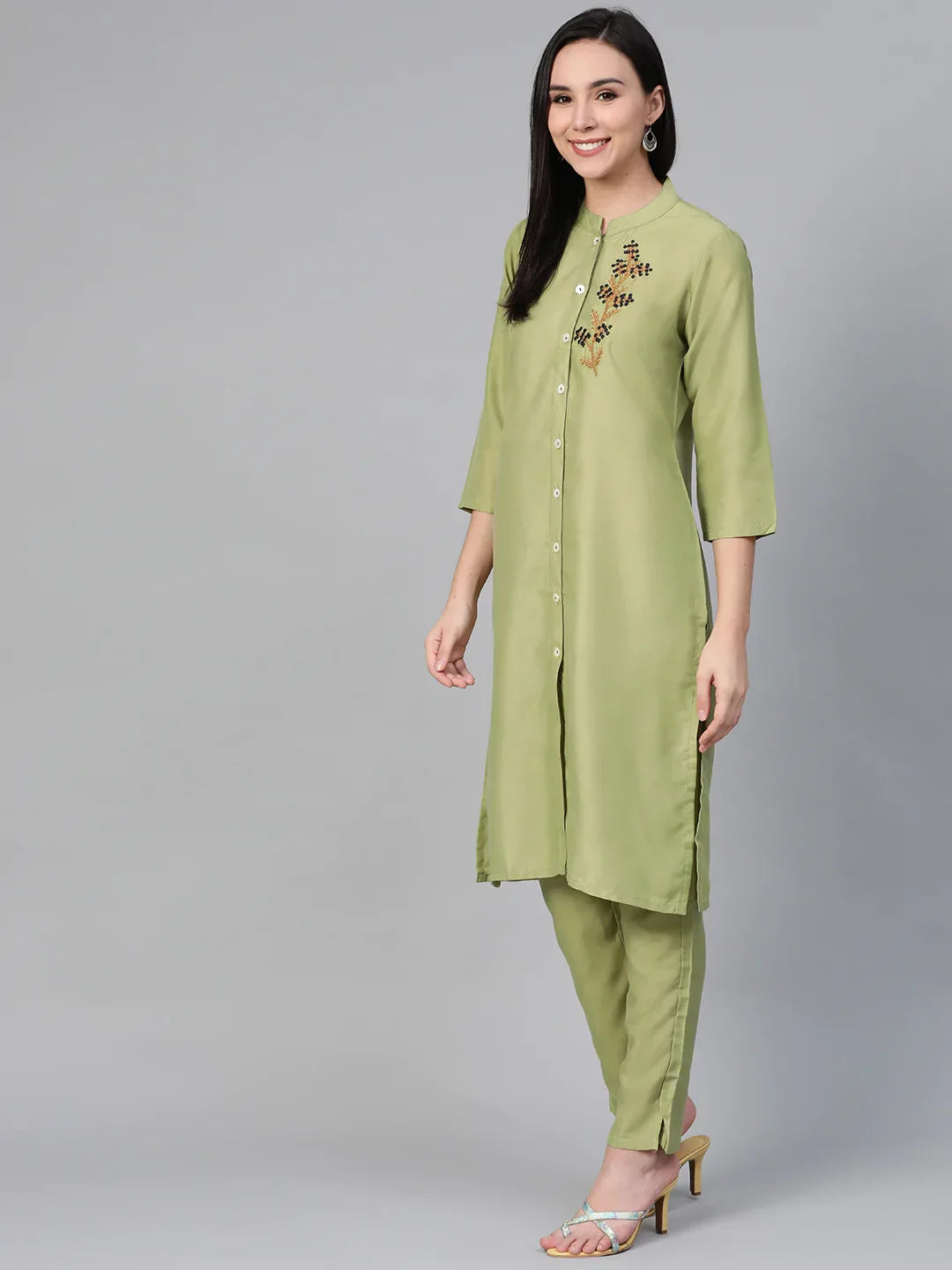 Jompers Women's Green Embroidered Detail Kurta with Trousers | Grocsy