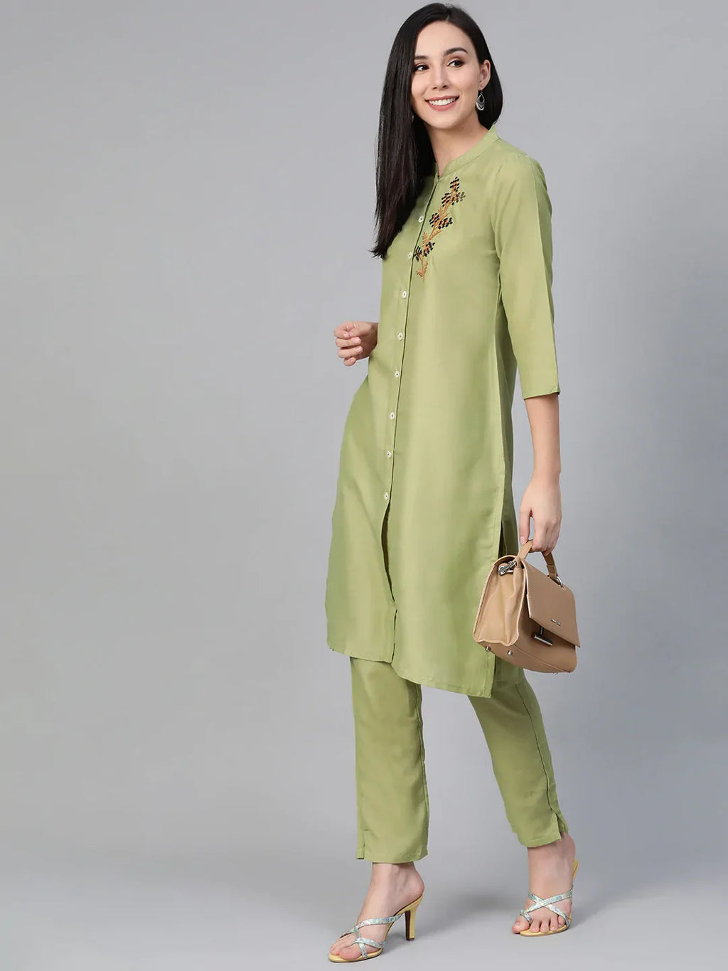 Jompers Women's Green Embroidered Detail Kurta with Trousers | Grocsy