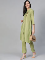 Jompers Women's Green Embroidered Detail Kurta with Trousers | Grocsy
