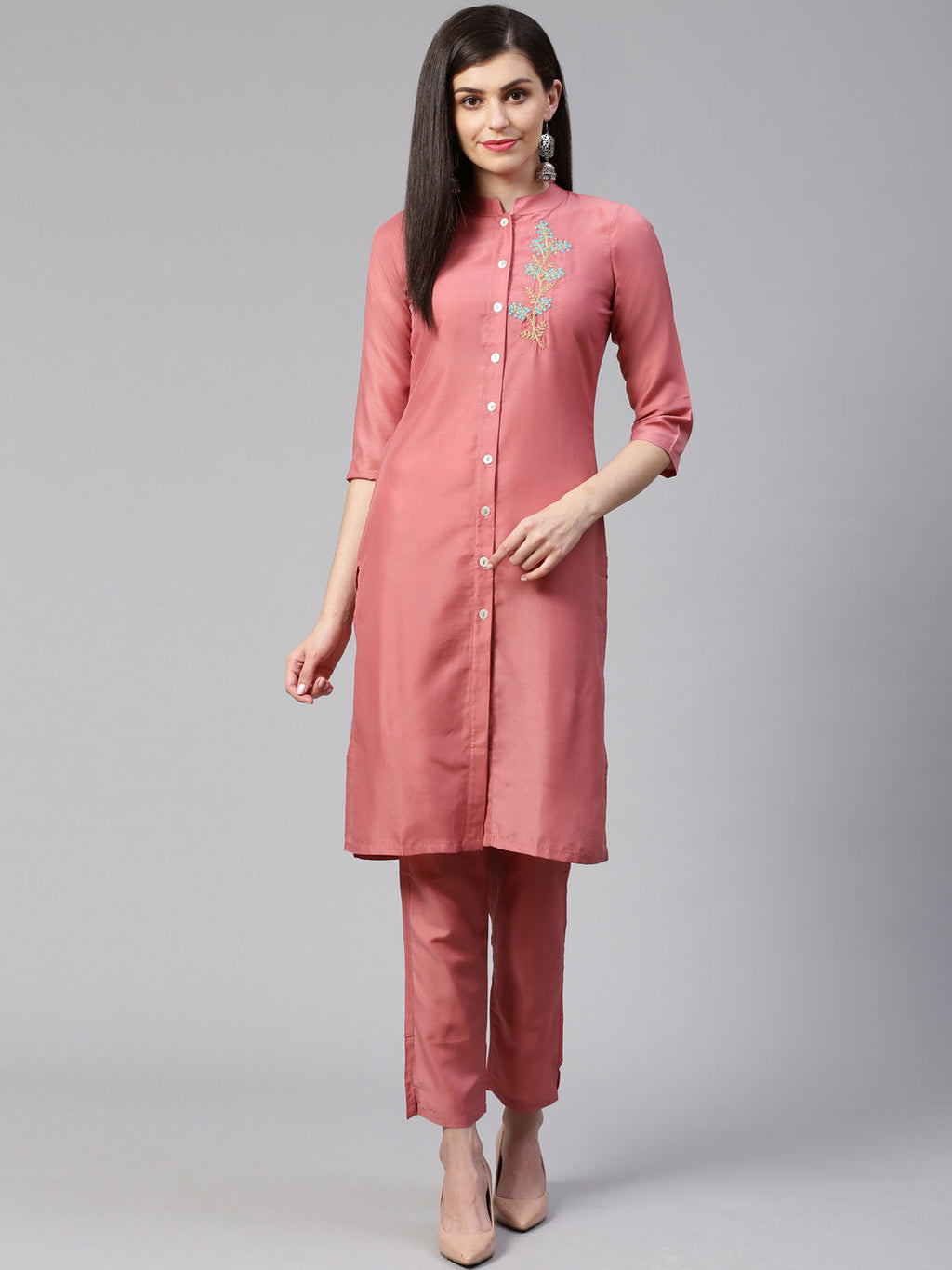 Jompers Women Pink Embroidered Solid Kurta with Trousers | Grocsy