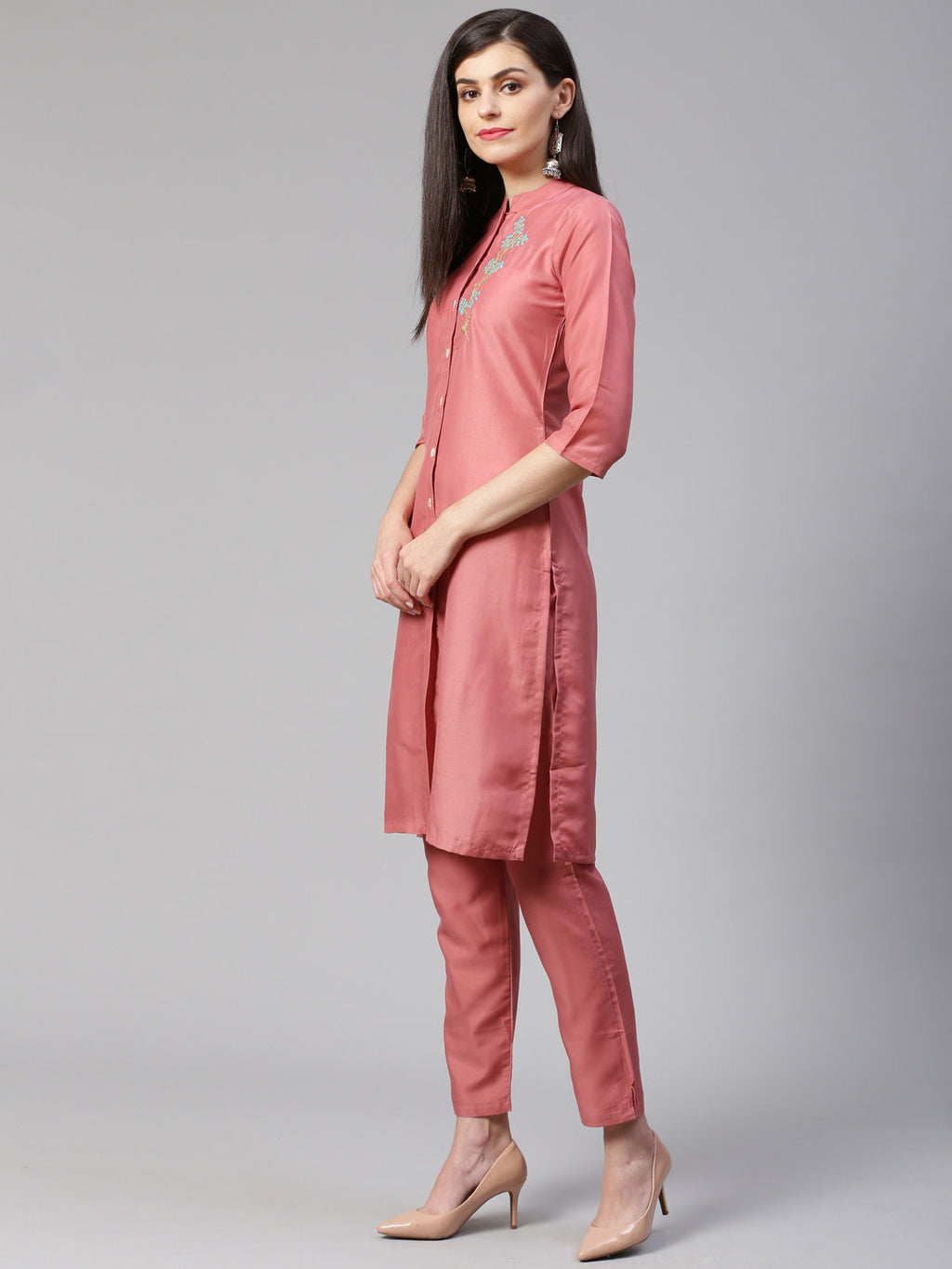 Jompers Women Pink Embroidered Solid Kurta with Trousers | Grocsy