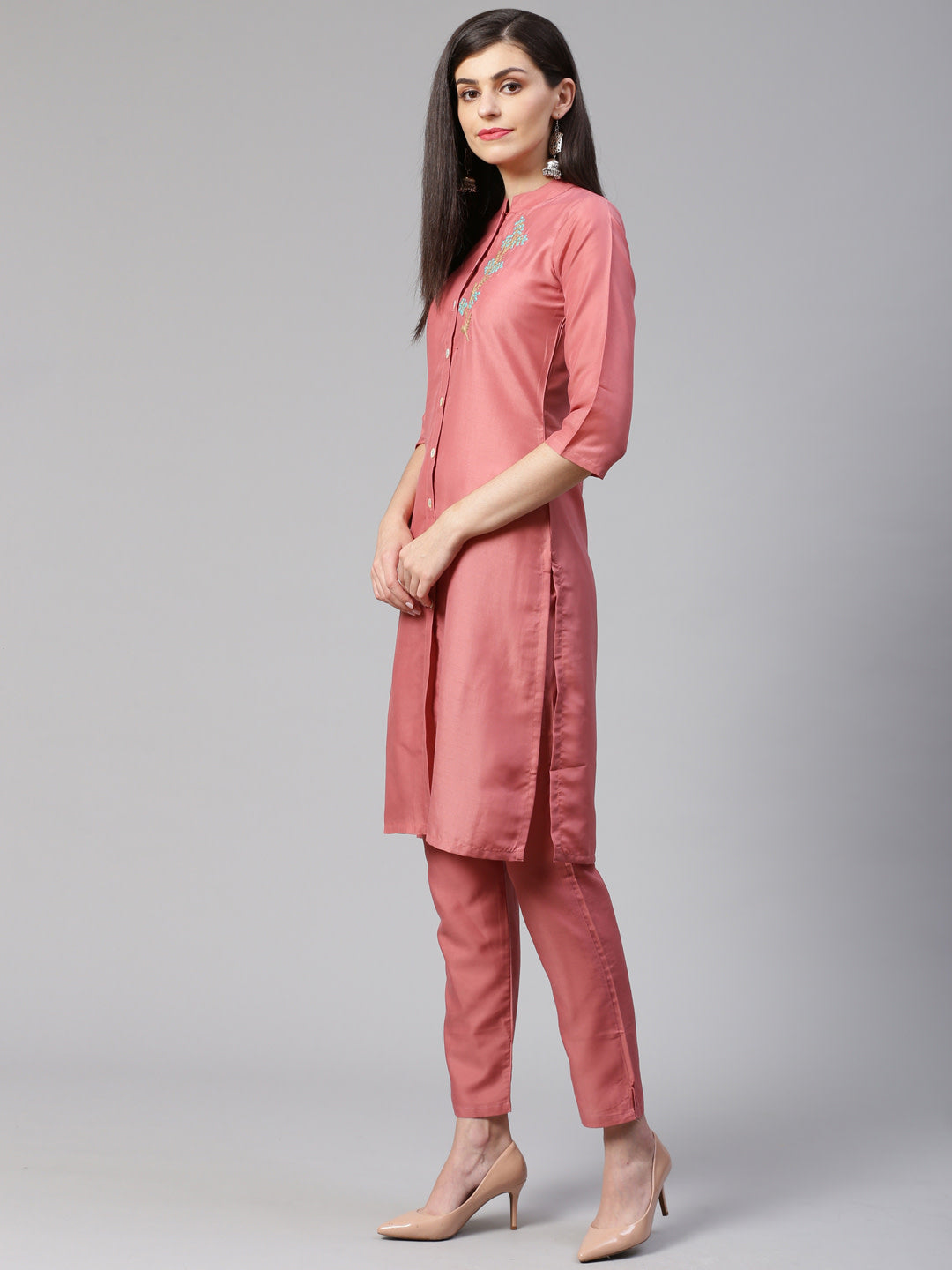 Jompers Women Pink Embroidered Solid Kurta with Trousers | Grocsy