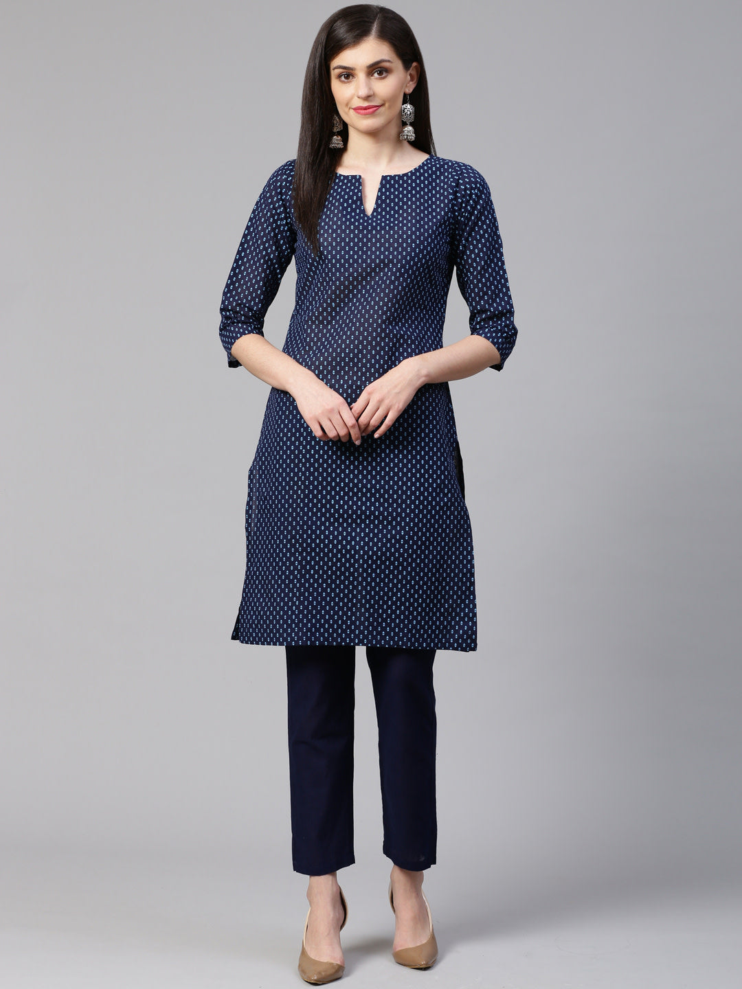 Jompers Women Blue Printed Kurta with Trousers | Grocsy