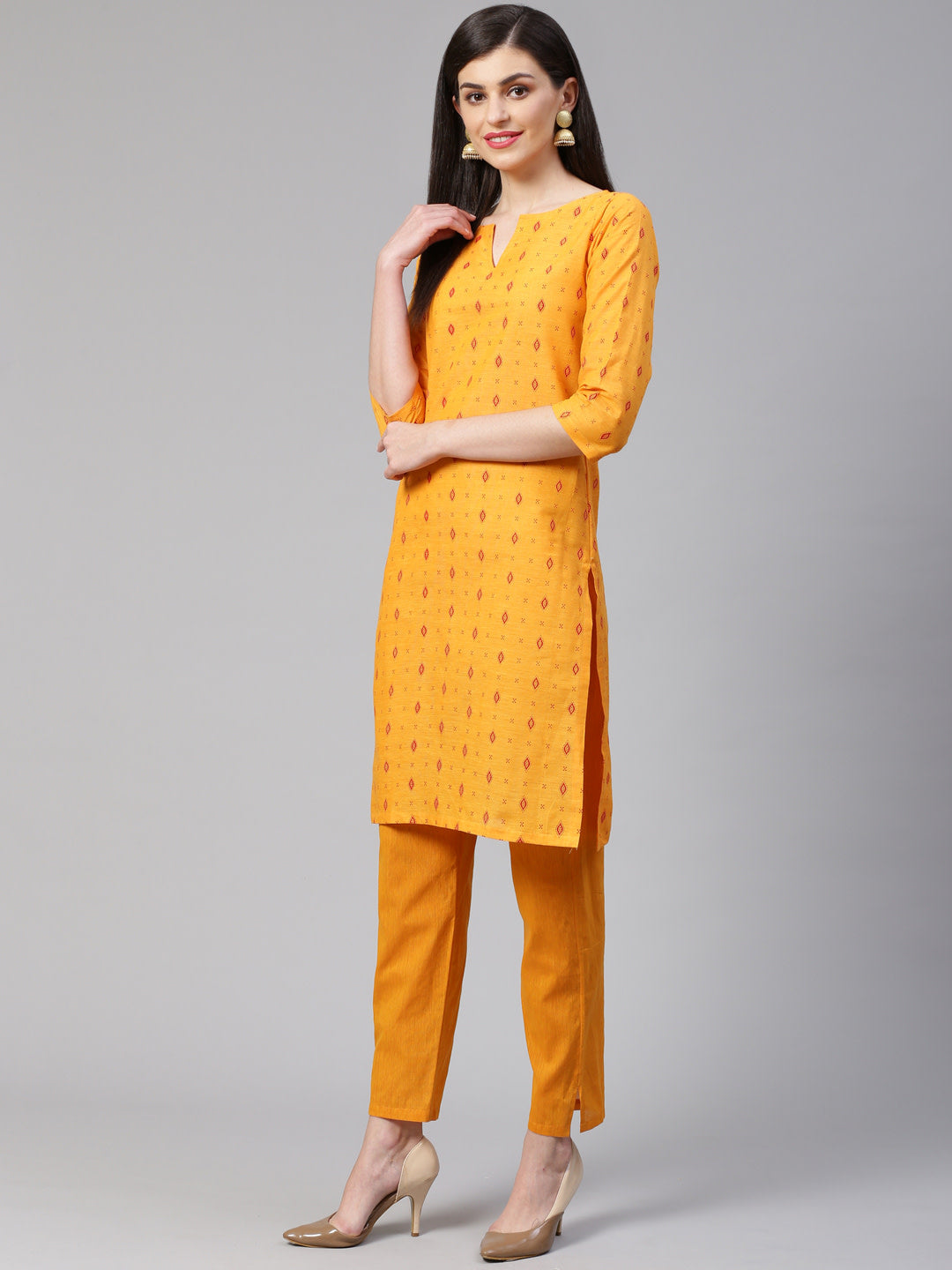 Jompers Women Yellow Printed Kurta with Trousers | Grocsy