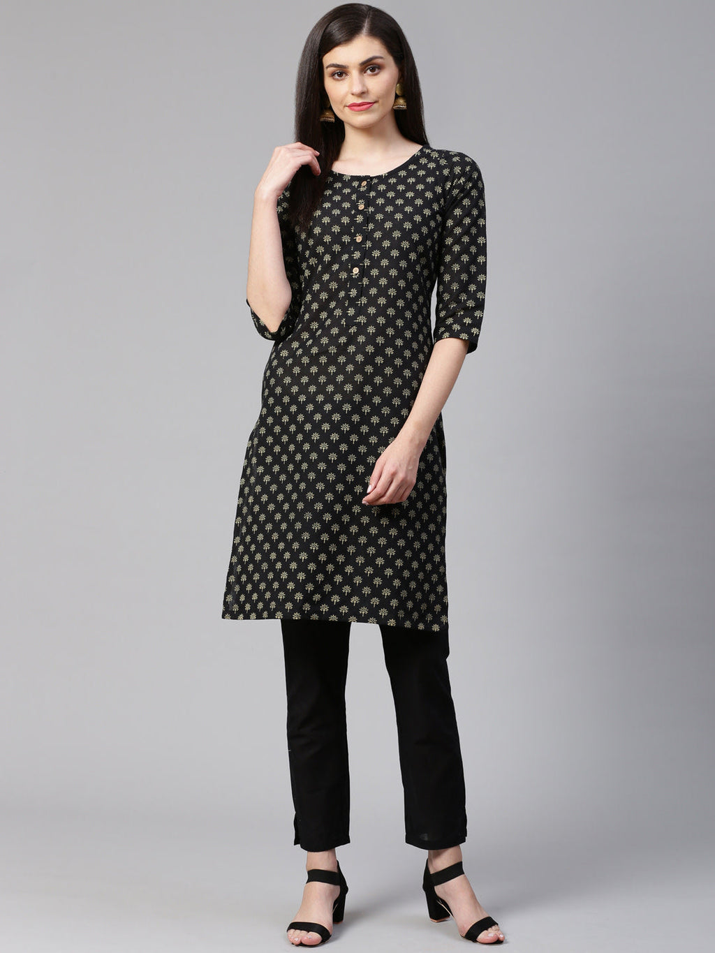 Jompers Women Black and Beige Printed Kurta with Trousers | Grocsy