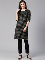 Jompers Women Black and Beige Printed Kurta with Trousers | Grocsy