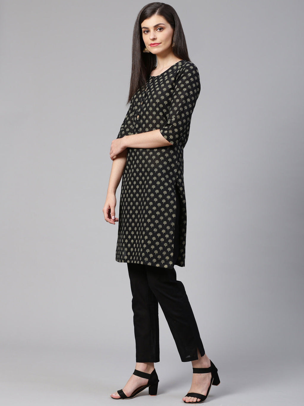 Jompers Women Black and Beige Printed Kurta with Trousers | Grocsy