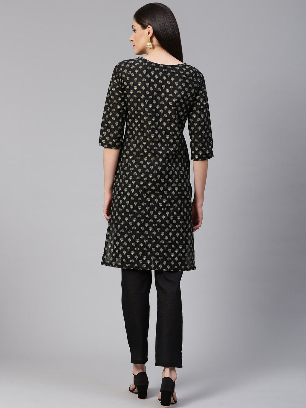 Jompers Women Black and Beige Printed Kurta with Trousers | Grocsy
