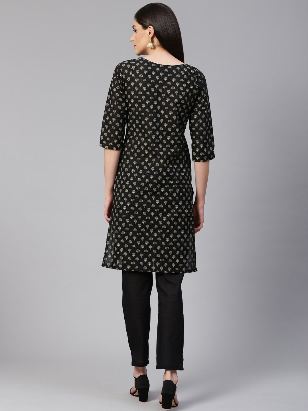 Jompers Women Black and Beige Printed Kurta with Trousers | Grocsy