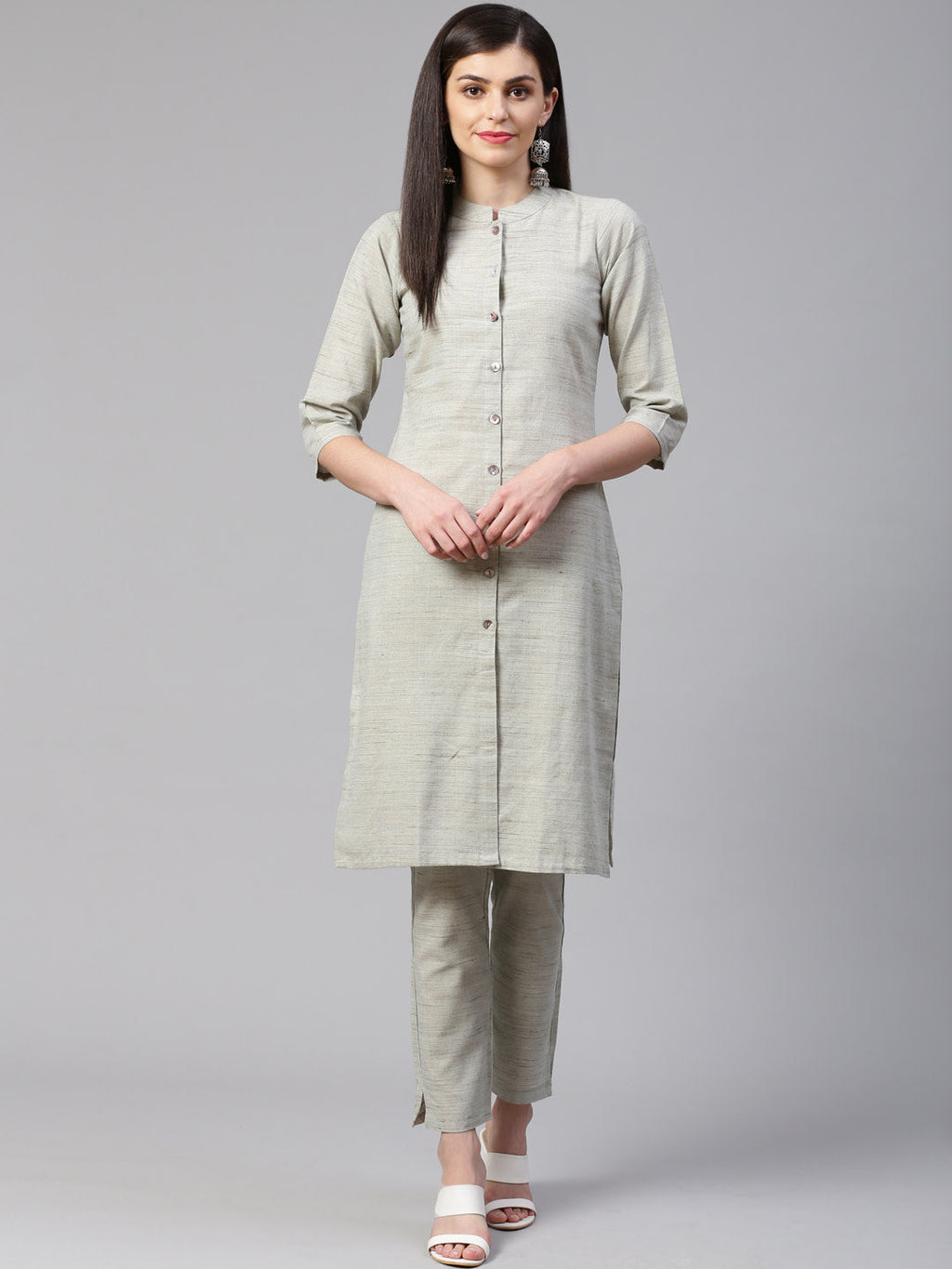 Jompers Women Grey Woven Design Kurta with Trousers | Grocsy