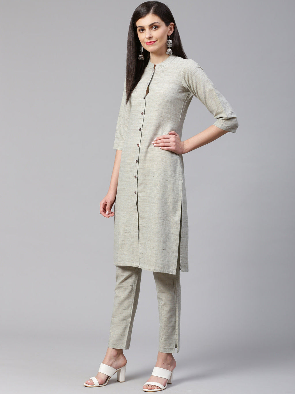 Jompers Women Grey Woven Design Kurta with Trousers | Grocsy