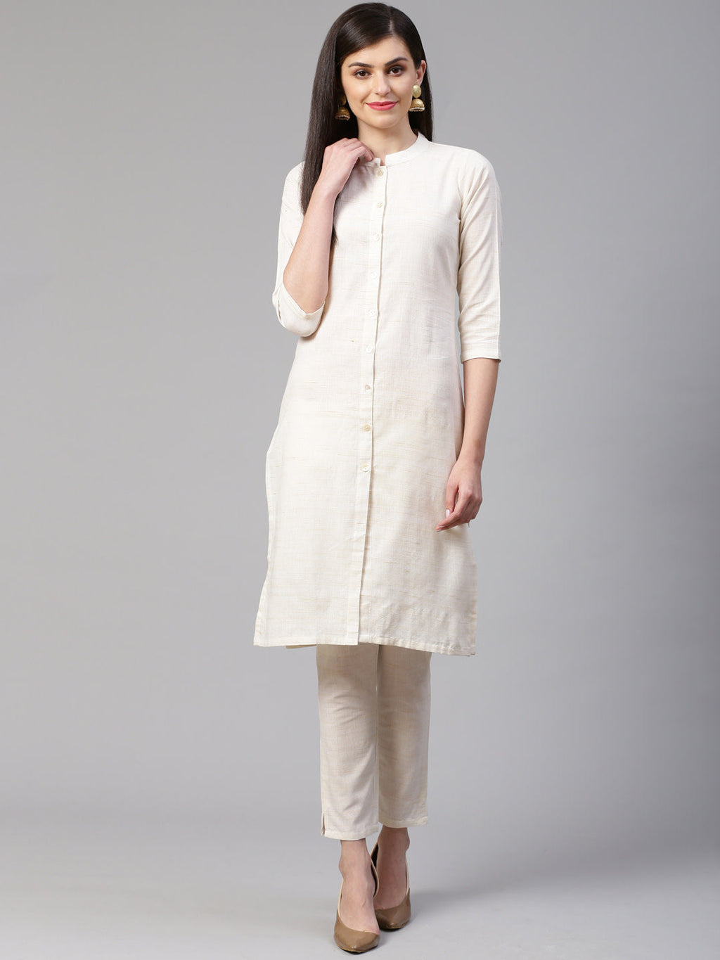 Jompers Women Off-White Woven Design Kurta with Trousers | Grocsy