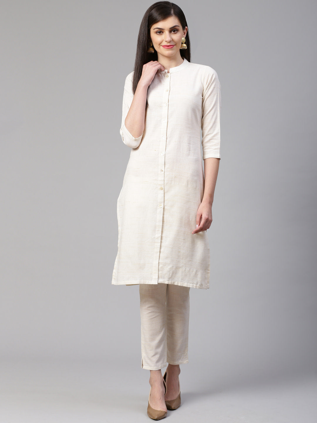 Jompers Women Off-White Woven Design Kurta with Trousers | Grocsy