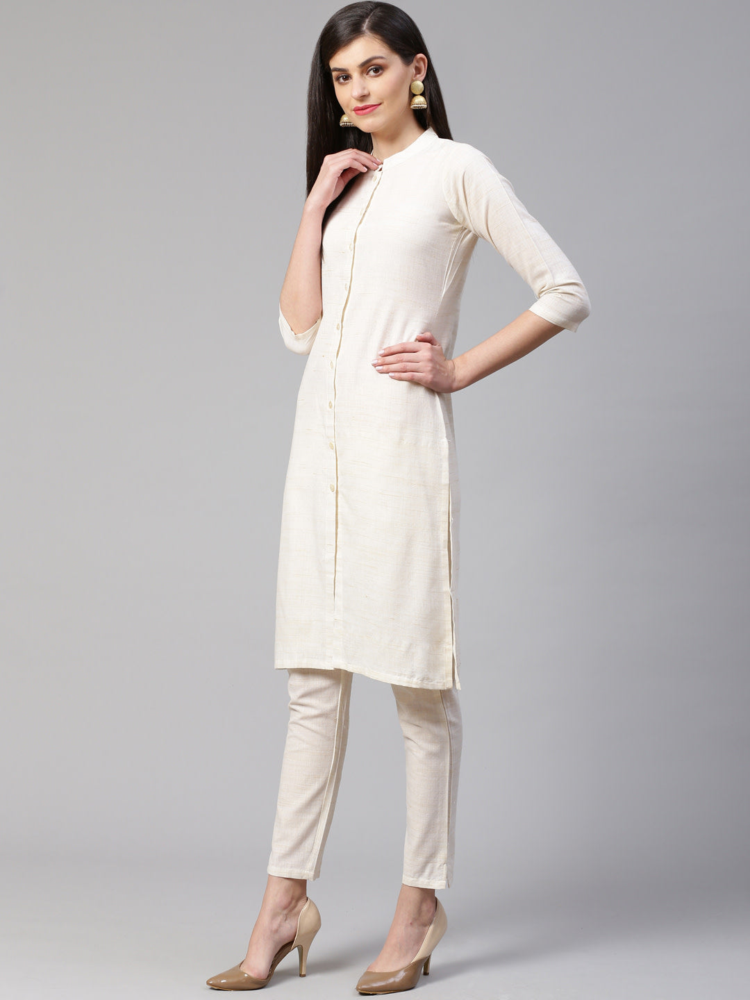 Jompers Women Off-White Woven Design Kurta with Trousers | Grocsy