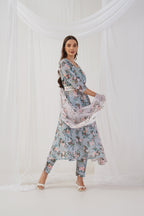 Jompers Women's Green Floral Printed Sequinned Kurta with Trousers & Dupatta & Belt | Grocsy