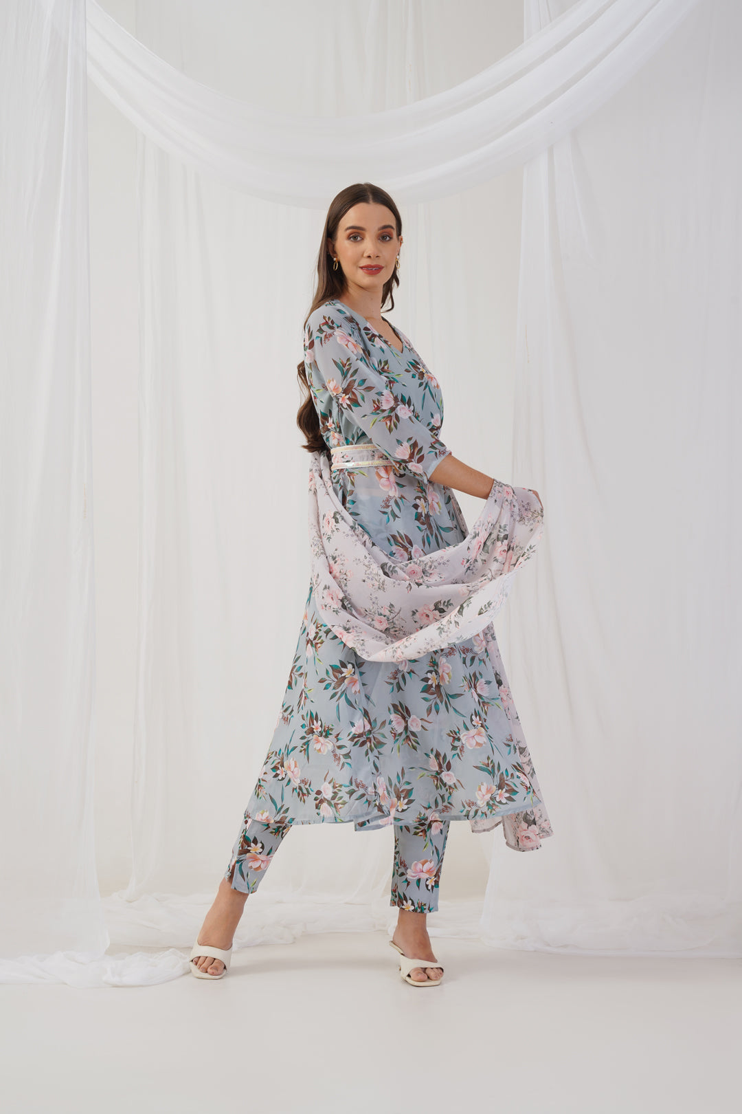 Jompers Women's Green Floral Printed Sequinned Kurta with Trousers & Dupatta & Belt | Grocsy