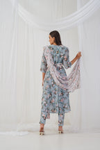 Jompers Women's Green Floral Printed Sequinned Kurta with Trousers & Dupatta & Belt | Grocsy