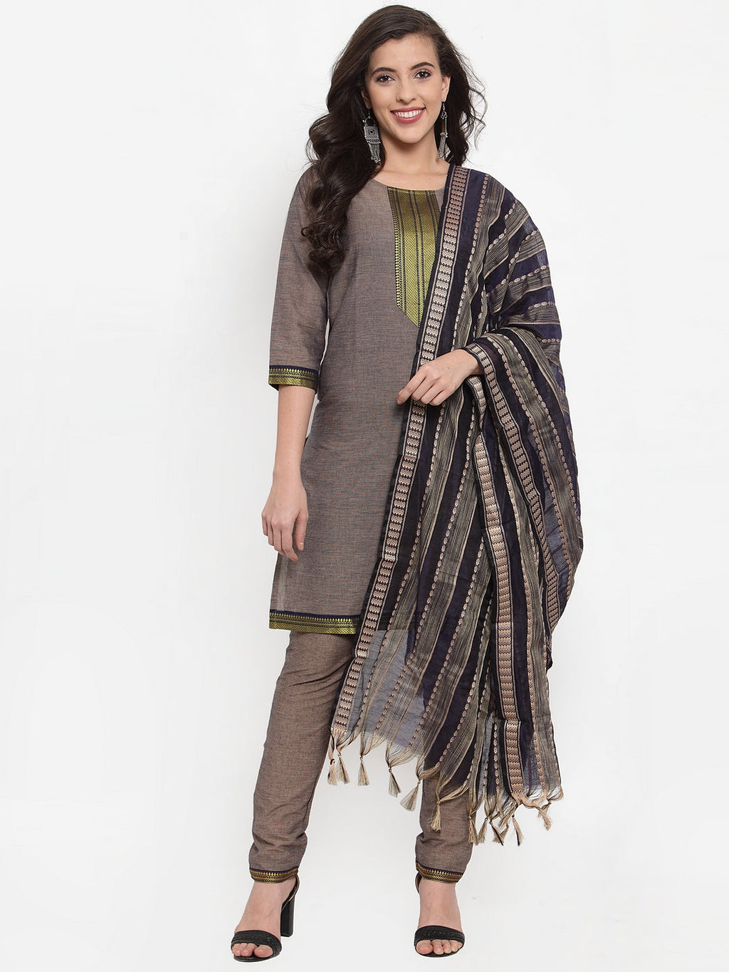 Jompers Women Grey Solid Kurta with Trousers And Dupatta | Grocsy
