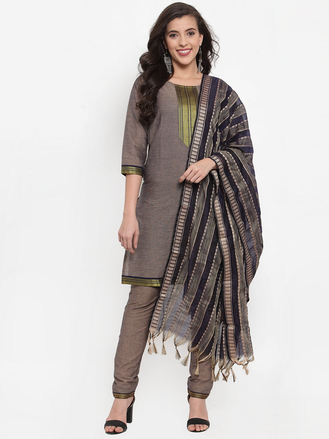 Jompers Women Grey Solid Kurta with Trousers And Dupatta | Grocsy