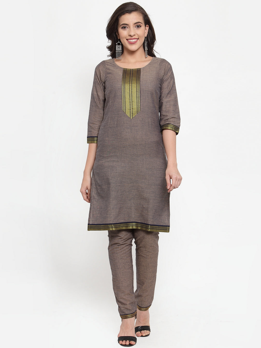 Jompers Women Grey Solid Kurta with Trousers And Dupatta | Grocsy