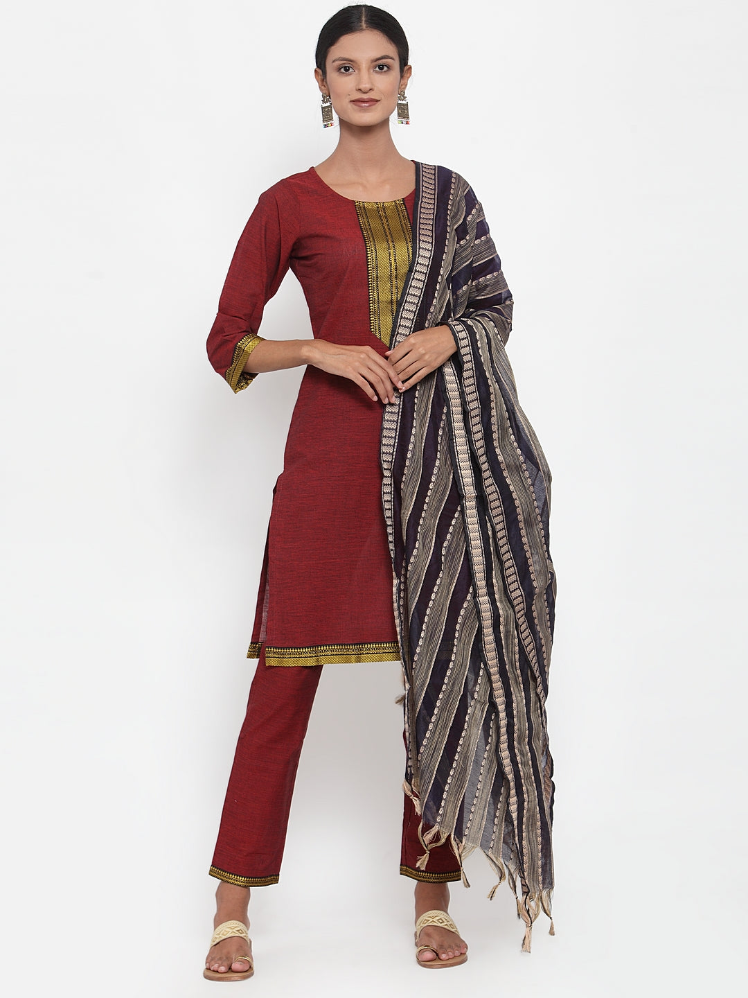 Jompers Women Maroon Solid Kurta with Trousers & Dupatta | Grocsy