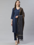 Jompers Women Navy Blue & Charcoal Grey Self Design Kurta with Trousers & Dupatta | Grocsy