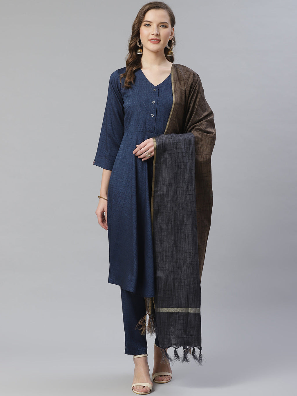 Jompers Women Navy Blue & Charcoal Grey Self Design Kurta with Trousers & Dupatta | Grocsy