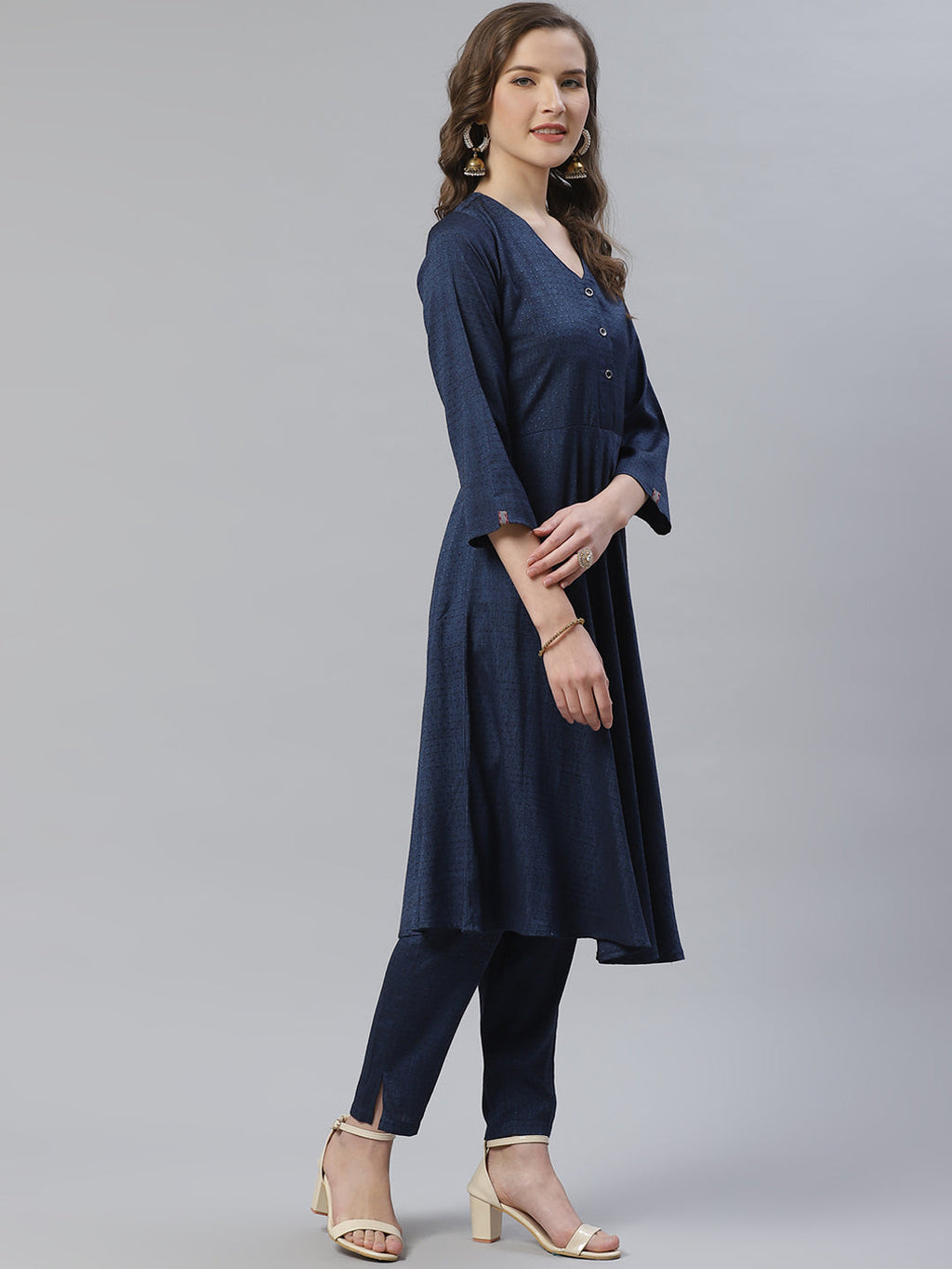 Jompers Women Navy Blue & Charcoal Grey Self Design Kurta with Trousers & Dupatta | Grocsy