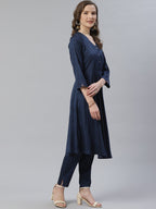 Jompers Women Navy Blue & Charcoal Grey Self Design Kurta with Trousers & Dupatta | Grocsy