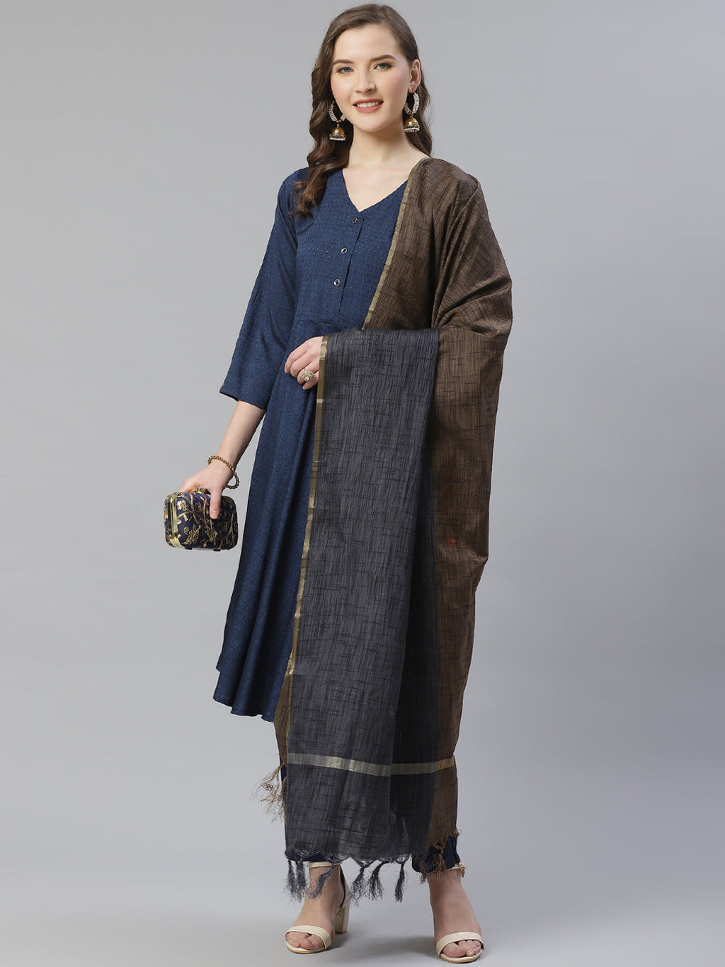 Jompers Women Navy Blue & Charcoal Grey Self Design Kurta with Trousers & Dupatta | Grocsy