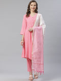 Jompers Women Pink & White Self Design Kurta with Trousers & Dupatta | Grocsy