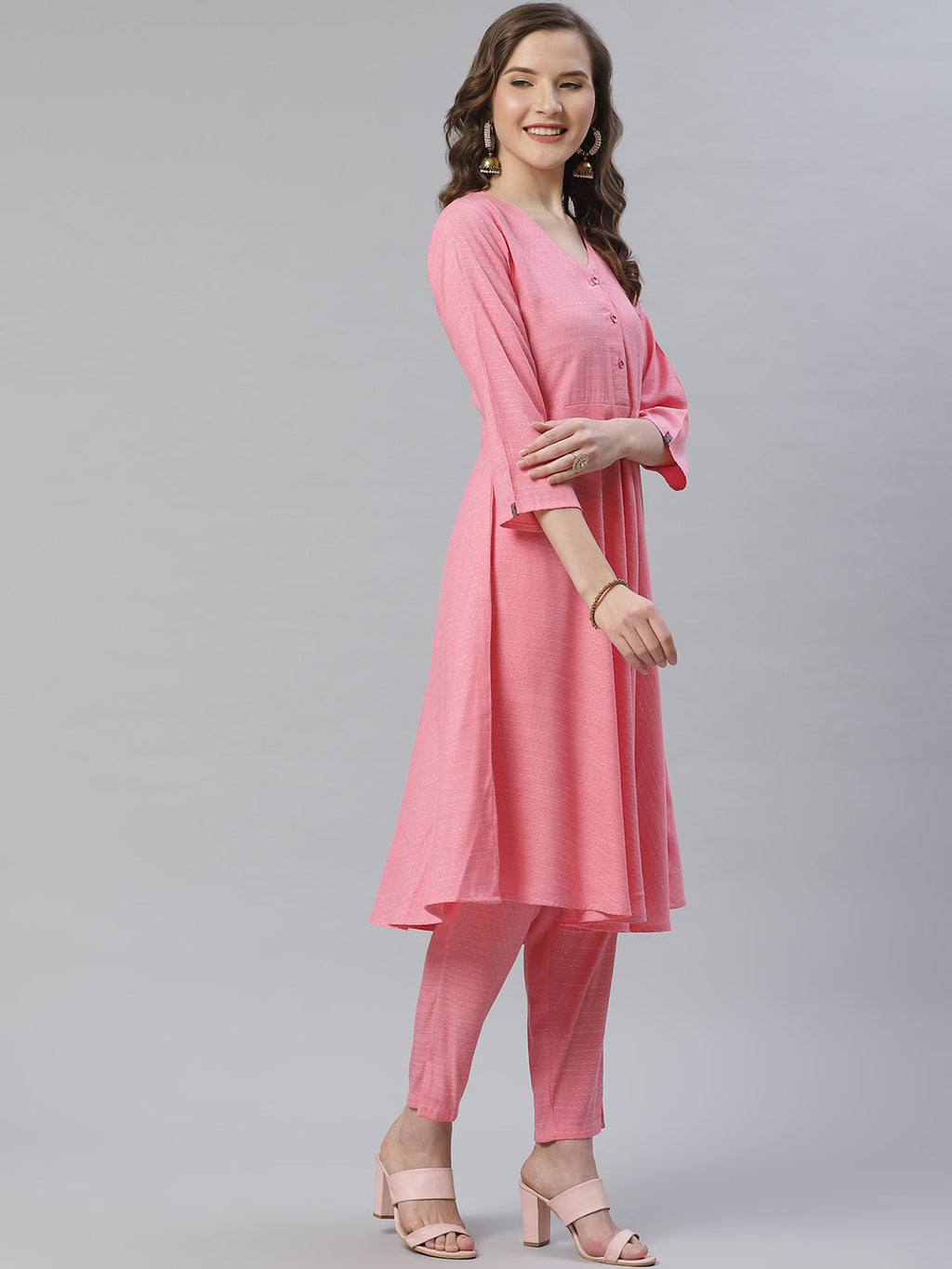 Jompers Women Pink & White Self Design Kurta with Trousers & Dupatta | Grocsy