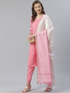 Jompers Women Pink & White Self Design Kurta with Trousers & Dupatta | Grocsy