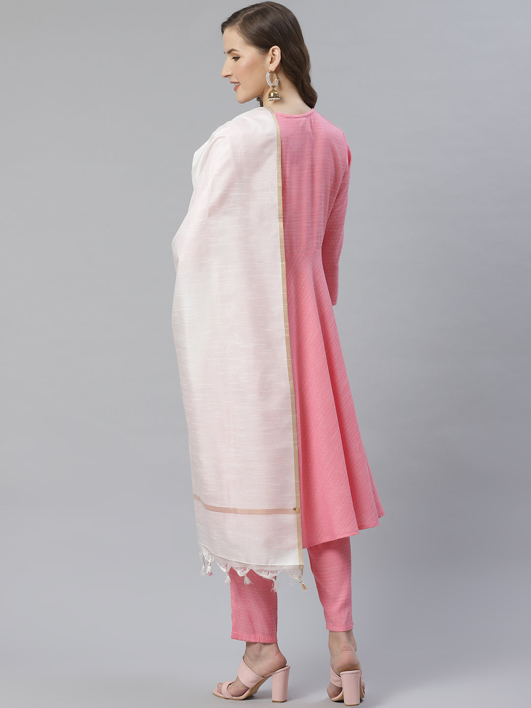 Jompers Women Pink & White Self Design Kurta with Trousers & Dupatta | Grocsy