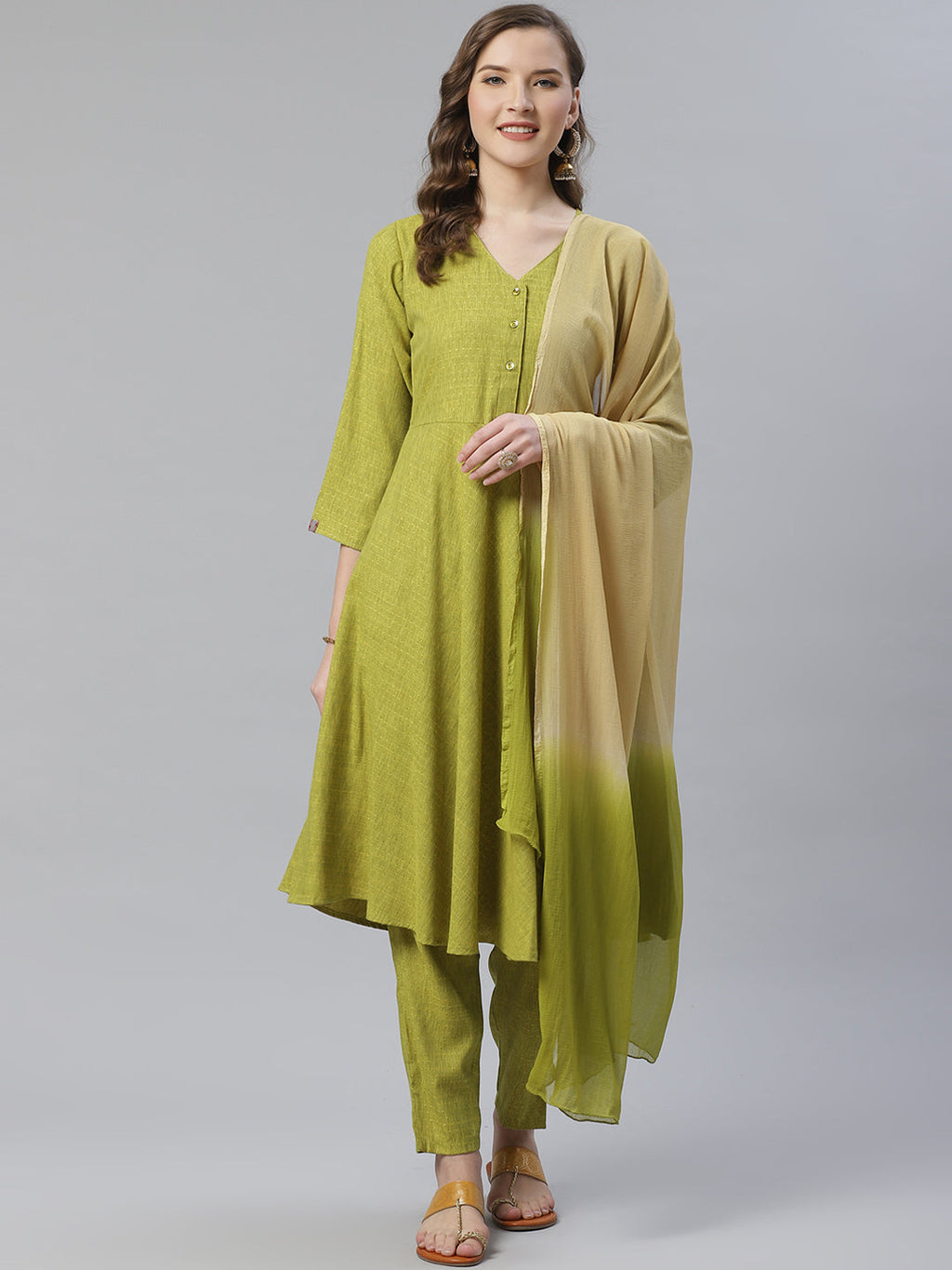 Jompers Women Green & Beige Self Design Kurta with Trousers & Dupatta | Grocsy