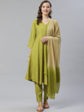 Jompers Women Green & Beige Self Design Kurta with Trousers & Dupatta | Grocsy